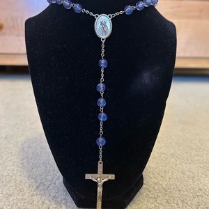 Vintage Round Blue Beaded INRI Jesus Crucifix Cross Pendant Rosary Necklace